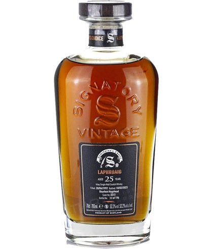Fles Signatory Vintage Laphroaig 25Y, enkel vat gebotteld door Signatory Vintage, op voorraad bij slijterij t Bockje in Bathmen