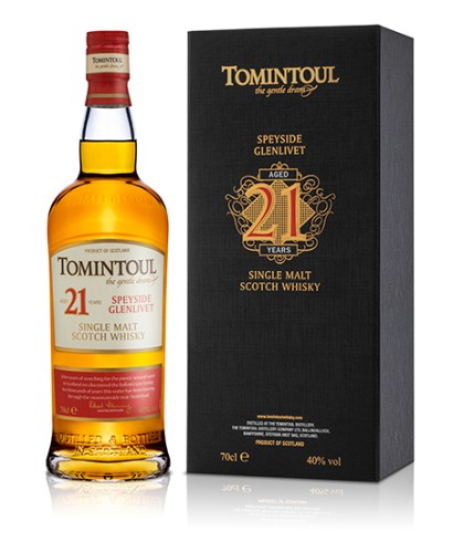 Fles Tomintoul 21 Years Old, Speyside single malt whisky, op voorraad bij slijterij t Bockje in Bathmen