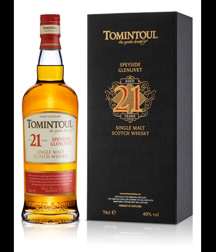 Fles Tomintoul 21 Years Old, Speyside single malt whisky, op voorraad bij slijterij t Bockje in Bathmen