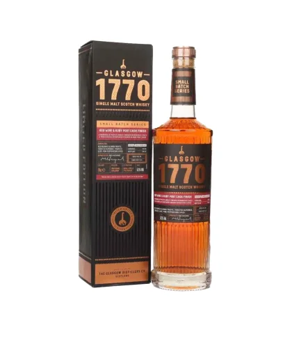 Fles 1770 Glasgow Red Wine & Ruby Port Cask Finish, single malt whisky, op voorraad bij slijterij t Bockje in Bathmen