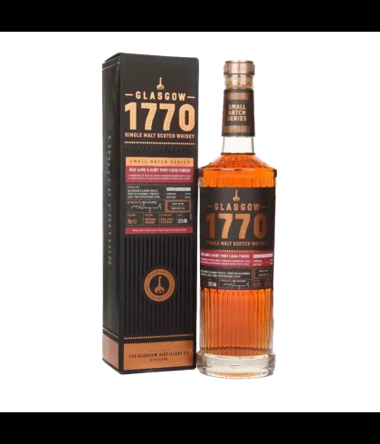 Fles 1770 Glasgow Red Wine & Ruby Port Cask Finish, single malt whisky, op voorraad bij slijterij t Bockje in Bathmen