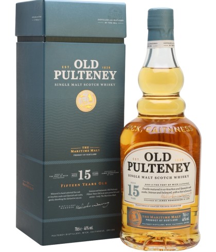 Fles Old Pulteney 15 Years Old, Schotse Highland single malt uit Wick, op voorraad bij slijterij ’t Bockje in Bathmen