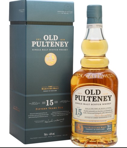 Fles Old Pulteney 15 Years Old, Schotse Highland single malt uit Wick, op voorraad bij slijterij t Bockje in Bathmen