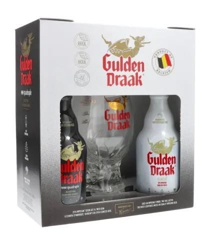 Gulden Draak geschenkverpakking met twee flessen en het drakenei-glas, bij slijterij ’t Bockje in Bathmen