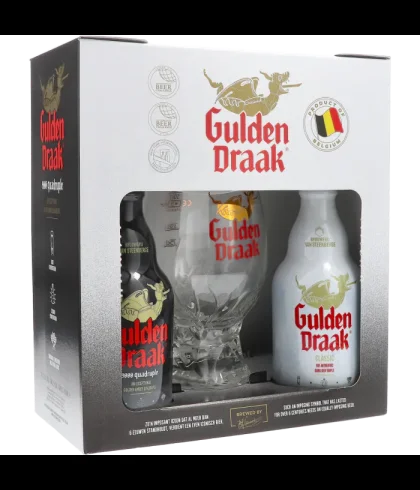 Gulden Draak geschenkverpakking met twee flessen en het drakenei-glas, bij slijterij t Bockje in Bathmen