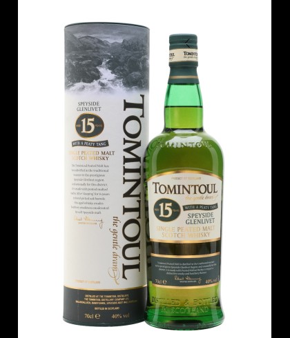 Fles Tomintoul Peaty Tang 15 Years Old, Speyside single malt whisky, op voorraad bij slijterij t Bockje in Bathmen