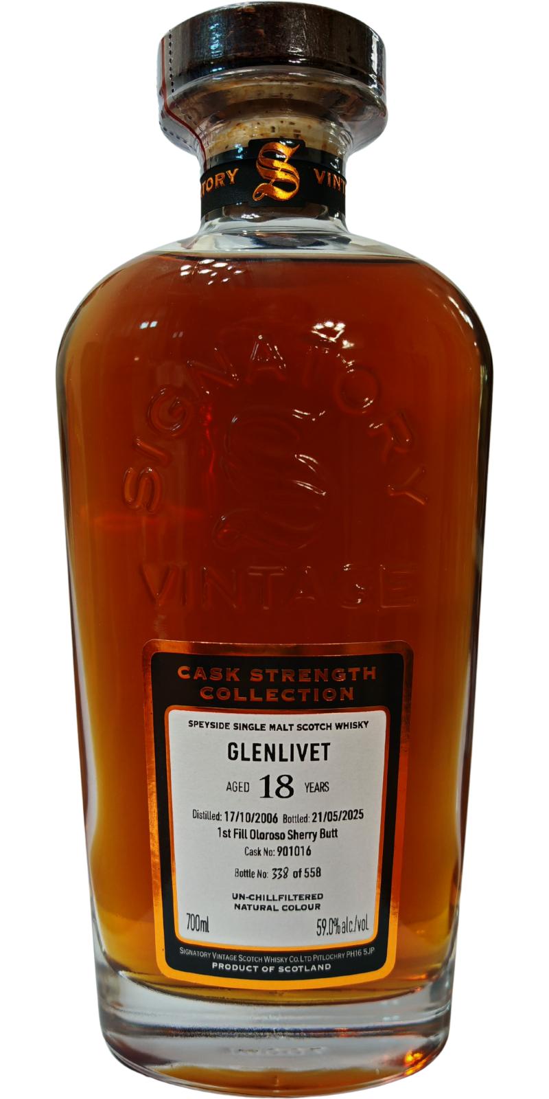 Fles Signatory Cask Strength Collection Glenlivet 18 Years Old #901016, enkel vat gebotteld door Signatory Vintage, op voorraad bij slijterij t Bockje in Bathmen