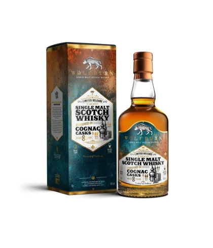 Fles Wolfburn 8 Years Old Cognac Cask Finish, Schotse single malt whisky uit Thurso, op voorraad bij slijterij t Bockje in Bathmen