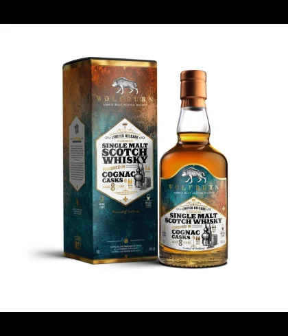 Fles Wolfburn 8 Years Old Cognac Cask Finish, Schotse single malt whisky uit Thurso, op voorraad bij slijterij t Bockje in Bathmen