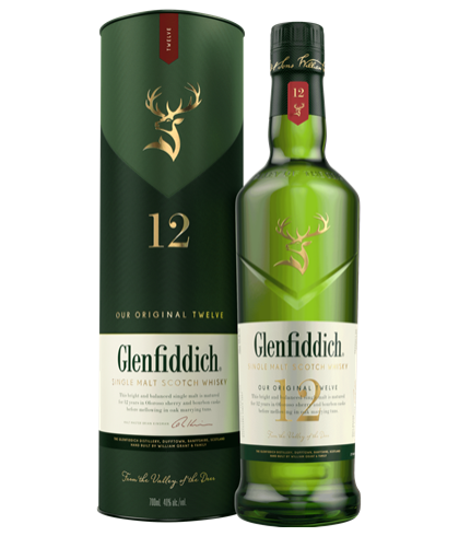 Fles Glenfiddich 12 Years Old, single malt whisky, op voorraad bij slijterij t Bockje in Bathmen