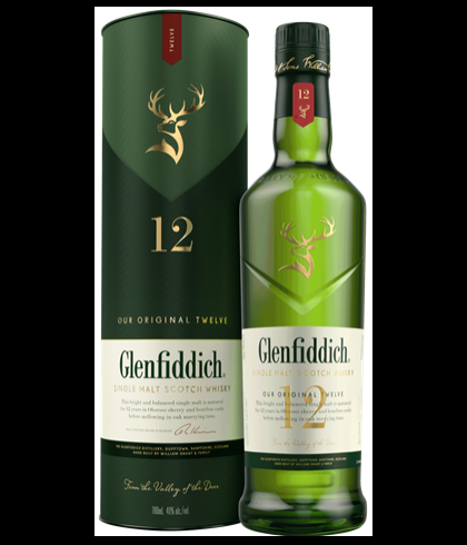 Fles Glenfiddich 12 Years Old, single malt whisky, op voorraad bij slijterij t Bockje in Bathmen
