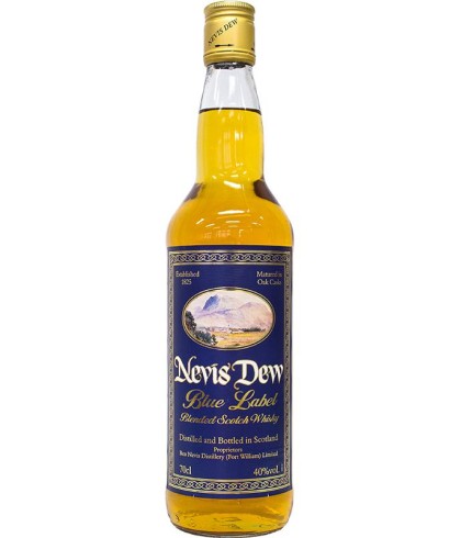 Fles Nevis Dew Blue Label, single malt whisky, op voorraad bij slijterij t Bockje in Bathmen