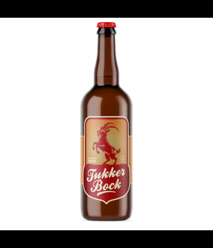 Fles Tukker Bock, bier, bij slijterij t Bockje in Bathmen