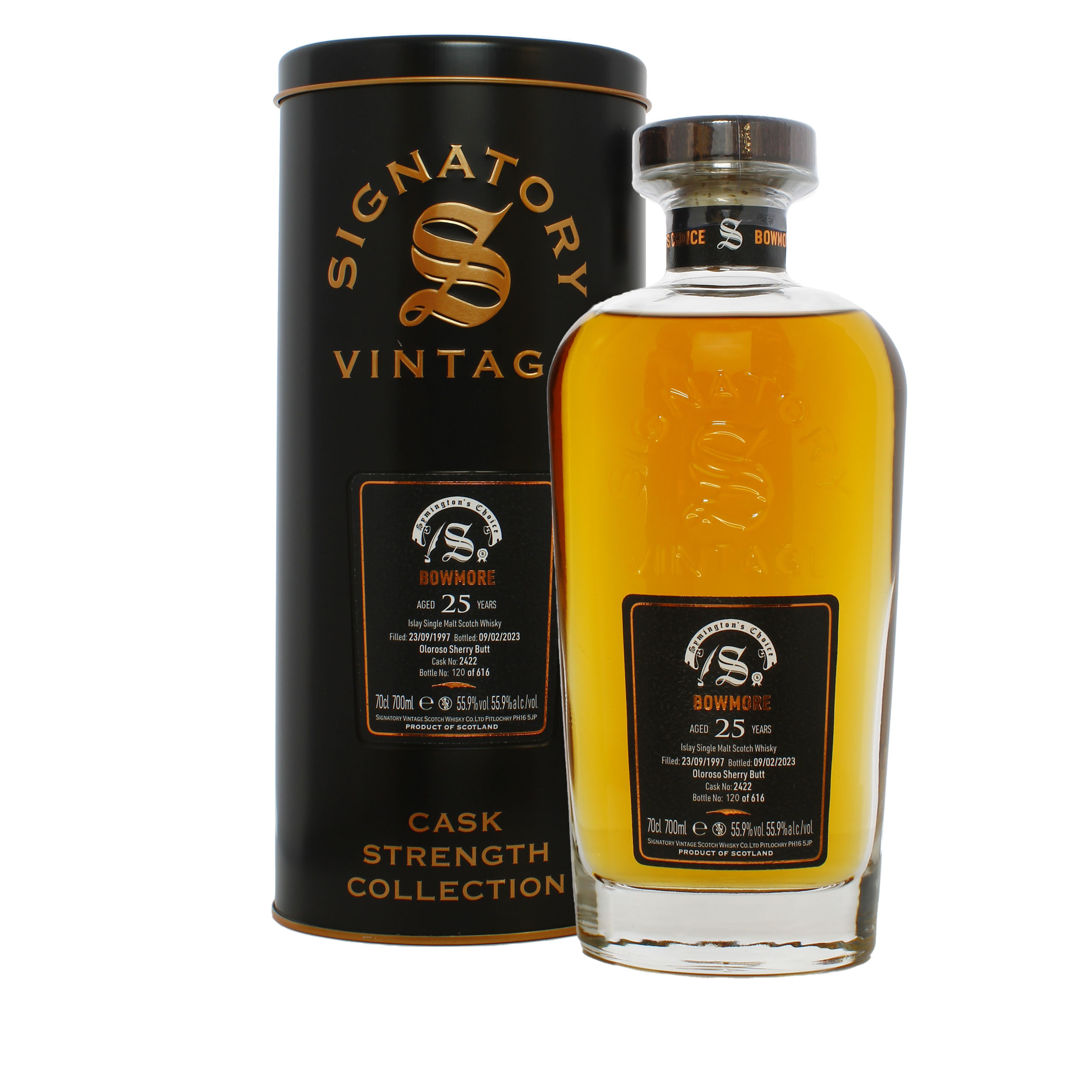 Fles Signatory Vintage Bowmore 25 Years Old, single malt whisky, op voorraad bij slijterij t Bockje in Bathmen