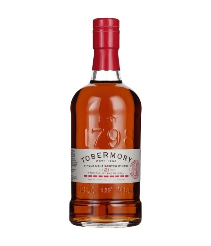 Fles Tobermory 21 Years Old Oloroso Sherry Cask, single malt whisky van het eiland Mull, op voorraad bij slijterij t Bockje in Bathmen