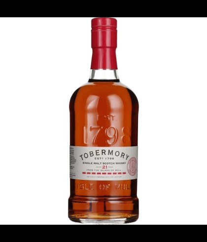Fles Tobermory 21 Years Old Oloroso Sherry Cask, single malt whisky van het eiland Mull, op voorraad bij slijterij t Bockje in Bathmen