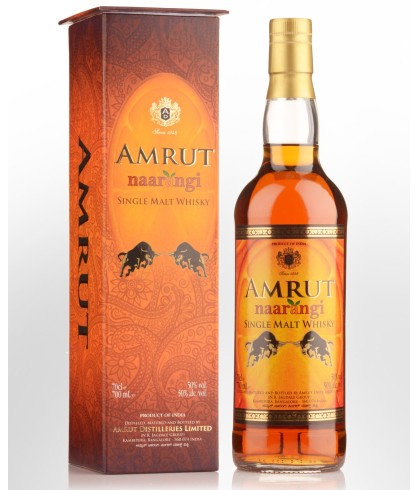 Fles Amrut Naarangi, Indiase single malt whisky, op voorraad bij slijterij t Bockje in Bathmen
