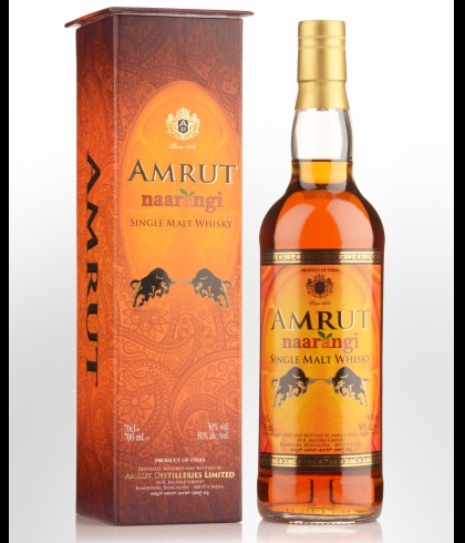 Fles Amrut Naarangi, Indiase single malt whisky, op voorraad bij slijterij t Bockje in Bathmen