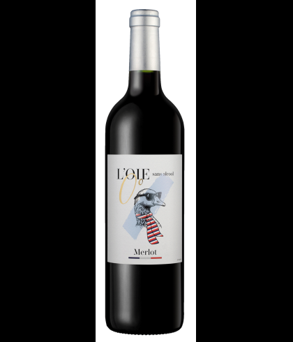 Fles L OIE 0 Rouge Merlot, alcoholvrije rode wijn uit Frankrijk, op voorraad bij slijterij t Bockje in Bathmen