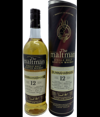Fles The Maltman Bunnahabhain 12 Years Old, enkel vat gebotteld door The Maltman uit Glasgow, op voorraad bij slijterij t Bockje in Bathmen