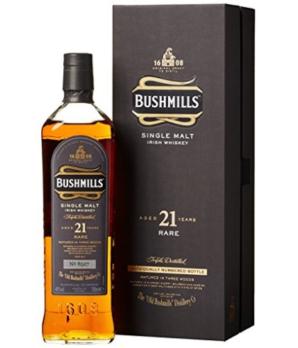 Fles Bushmills 21 Years Old, single malt whisky, op voorraad bij slijterij t Bockje in Bathmen