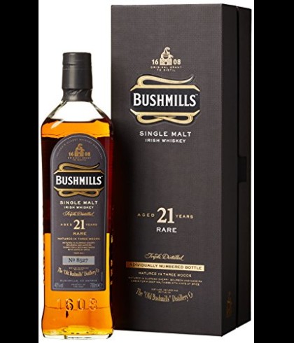 Fles Bushmills 21 Years Old, single malt whisky, op voorraad bij slijterij t Bockje in Bathmen