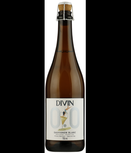 Fles DIVIN Sparkling Sauvignon Blanc, alcoholvrije mousserende wijn uit Frankrijk, op voorraad bij slijterij t Bockje in Bathmen