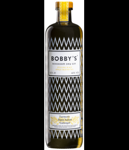 Fles Bobby's Schiedam Dry Gin Pinang Raci Spice Blend, gin, op voorraad bij slijterij t Bockje in Bathmen