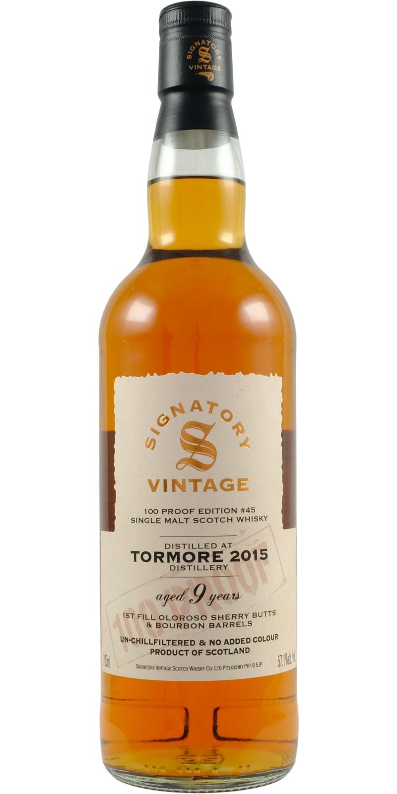 Fles Signatory Vintage Tormore 9 Years Old 2015 100 Proof #45, whisky, op voorraad bij slijterij t Bockje in Bathmen