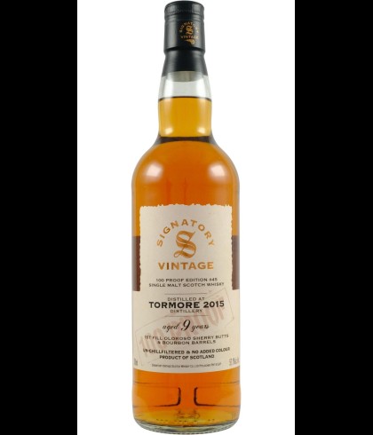 Fles Signatory Vintage Tormore 9 Years Old 2015 100 Proof #45, whisky, op voorraad bij slijterij t Bockje in Bathmen