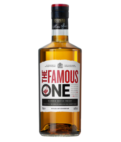 Fles The Famous One, whisky, bij slijterij ’t Bockje in Bathmen