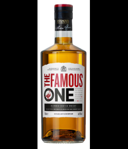 Fles The Famous One, whisky, bij slijterij ’t Bockje in Bathmen