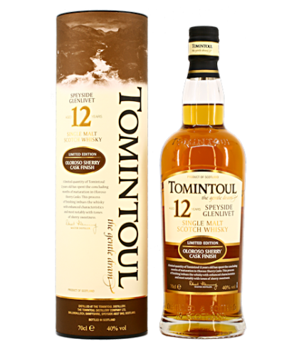 Fles Tomintoul 12 Years Old Oloroso, Speyside single malt whisky, op voorraad bij slijterij t Bockje in Bathmen