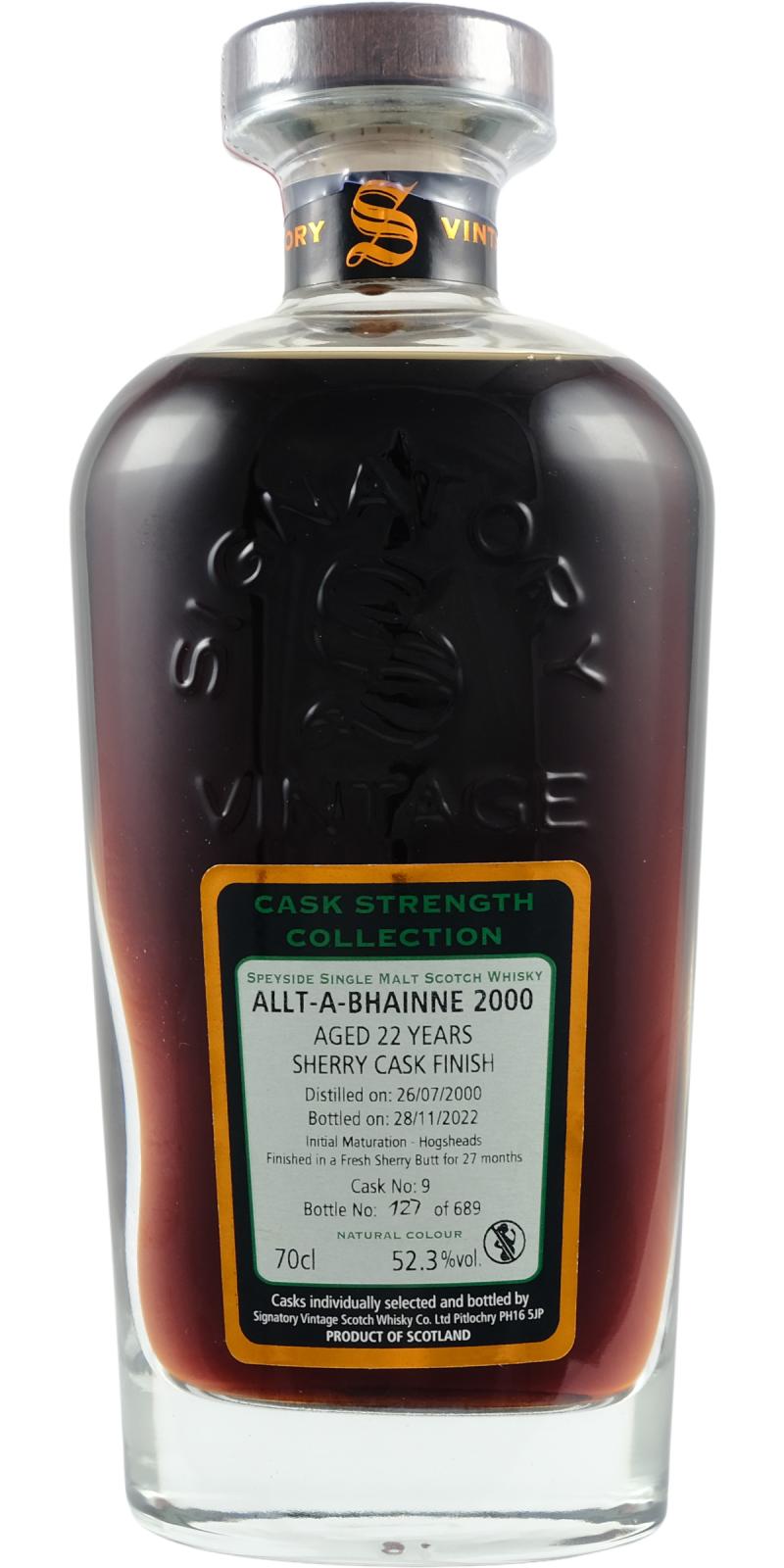 Fles Signatory Vintage Allt-a-Bhainne 2000 22 Years Old Cask Strength #9, enkel vat gebotteld door Signatory Vintage, op voorraad bij slijterij t Bockje in Bathmen