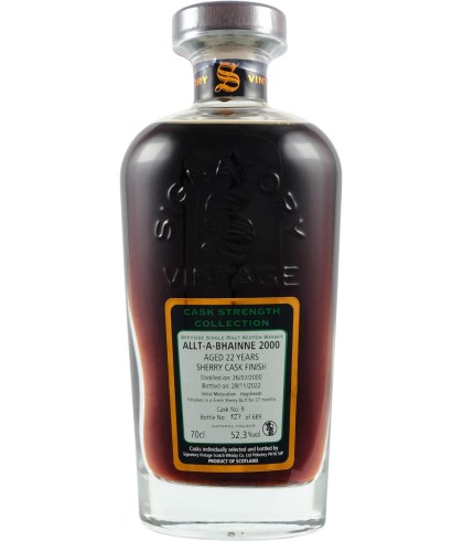 Fles Signatory Vintage Allt-a-Bhainne 2000 22 Years Old Cask Strength #9, enkel vat gebotteld door Signatory Vintage, op voorraad bij slijterij t Bockje in Bathmen