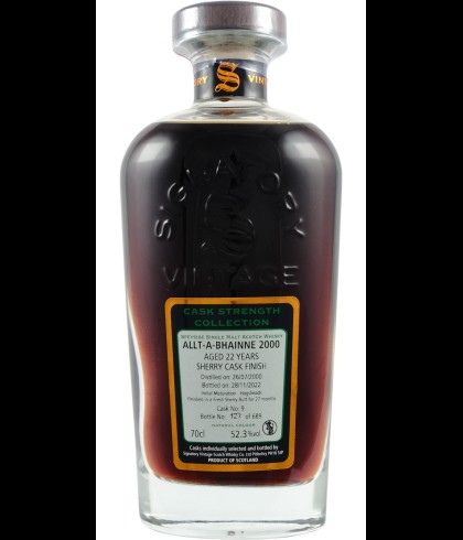 Fles Signatory Vintage Allt-a-Bhainne 2000 22 Years Old Cask Strength #9, enkel vat gebotteld door Signatory Vintage, op voorraad bij slijterij t Bockje in Bathmen