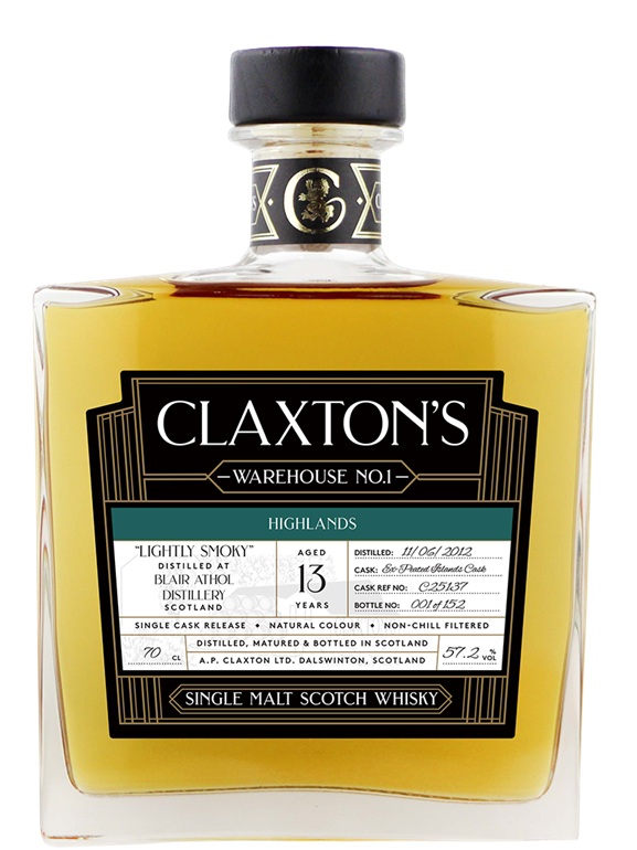 Fles Claxton’s Warehouse No.1 Blair Athol 13 Years Old, single malt whisky, op voorraad bij slijterij t Bockje in Bathmen