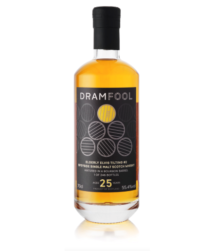 Fles Dramfool 25 Years Old 1998 Elderly Elvis Tilting #2, whisky, op voorraad bij slijterij t Bockje in Bathmen