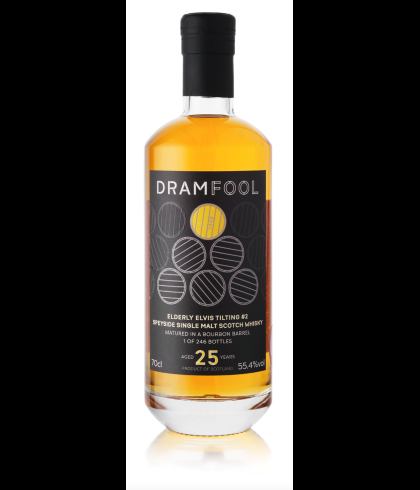 Fles Dramfool 25 Years Old 1998 Elderly Elvis Tilting #2, whisky, op voorraad bij slijterij t Bockje in Bathmen