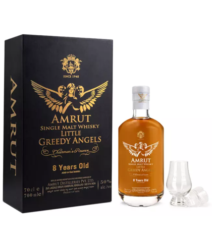 Fles Amrut 8 Years Old Greedy Angels, Indiase single malt whisky, op voorraad bij slijterij t Bockje in Bathmen