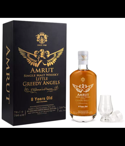 Fles Amrut 8 Years Old Greedy Angels, Indiase single malt whisky, op voorraad bij slijterij t Bockje in Bathmen