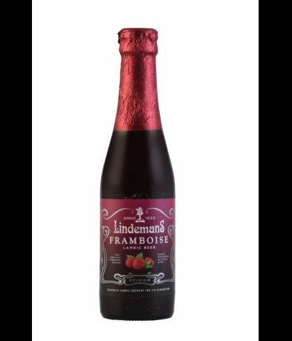 Fles Lindemans Framboise, bier van Lindemans, bij slijterij t Bockje in Bathmen