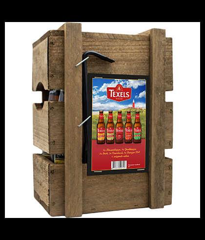 Texels Bierbox, houten kistje met vijf flesjes bier, bij slijterij t Bockje in Bathmen