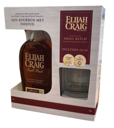 Fles Elijah Craig Small Batch met glas, single malt whisky, op voorraad bij slijterij t Bockje in Bathmen