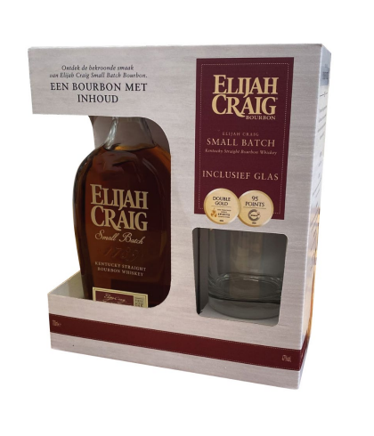 Fles Elijah Craig Small Batch met glas, single malt whisky, op voorraad bij slijterij t Bockje in Bathmen