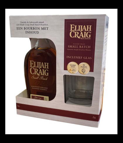 Fles Elijah Craig Small Batch met glas, single malt whisky, op voorraad bij slijterij t Bockje in Bathmen