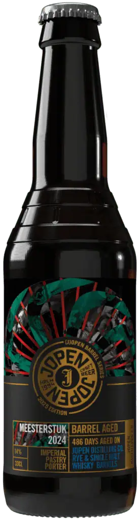 Fles Jopen Barrel Aged Meesterstuk ’24 BA Porter Rye & Single Malt Whisky, bier van Jopen, op voorraad bij slijterij ’t Bockje in Bathmen
