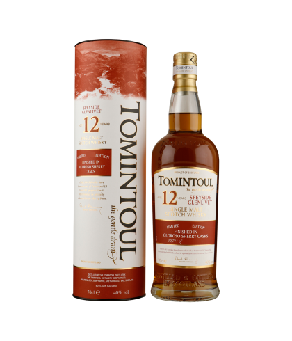 Fles Tomintoul 12 Years Old Oloroso Cask Finish, Speyside single malt whisky, op voorraad bij slijterij t Bockje in Bathmen
