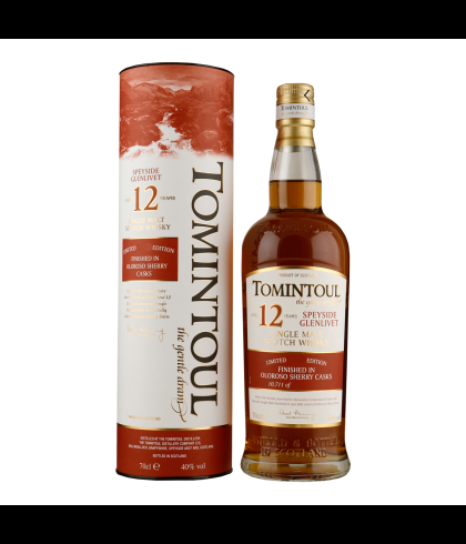 Fles Tomintoul 12 Years Old Oloroso Cask Finish, Speyside single malt whisky, op voorraad bij slijterij t Bockje in Bathmen