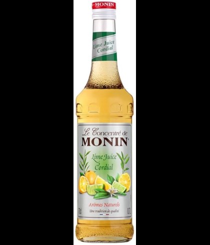 Fles Monin Lime Juice Cordial van 70 centiliter, limoensiroop, op voorraad bij slijterij t Bockje in Bathmen